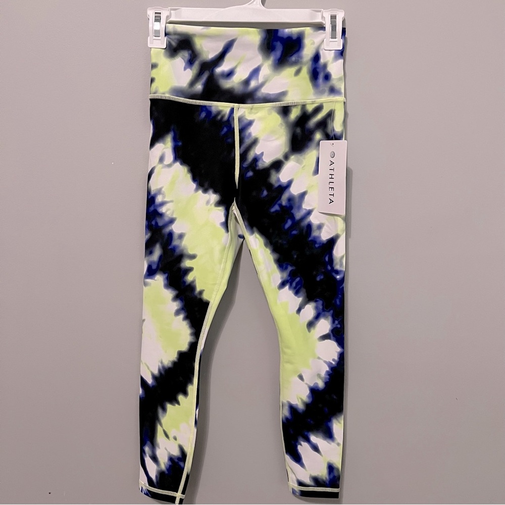 NWT Athleta XS Elation Tie Dye 7/8 Tight Leggings Blue Yellow White Workout Yoga